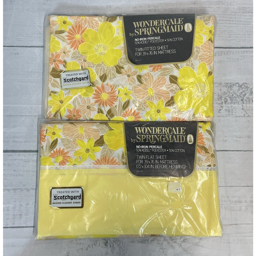 Vintage Wondercale Springmaid 2pc Sheet Set French Flowers Yellow Flat Fitted